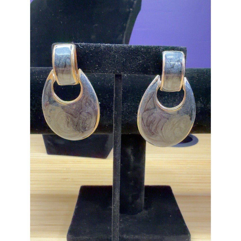 Vintage Style Black Gold Tone Statement Dangle Drop Pierced Earrings